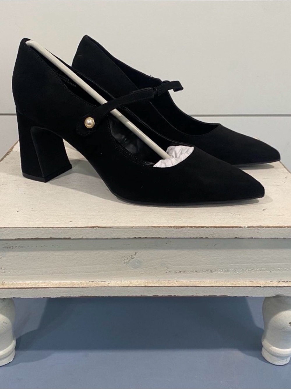 crown & ivy Black Suede Pointed Mary Jane Block Heels